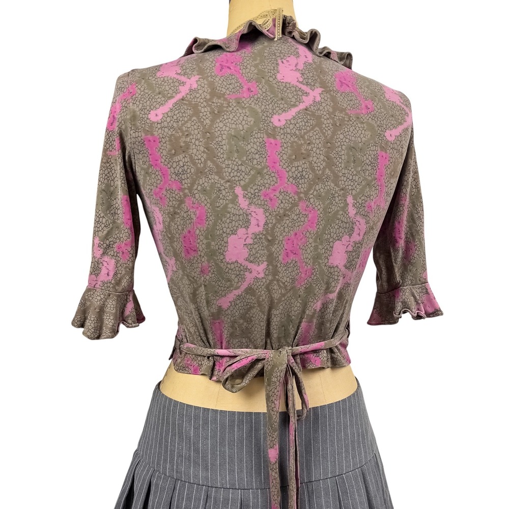 Diane von Furstenberg 100% Silk Wrap Top Ruffle Trim Floral Brown Vintage S - Picture 8 of 12